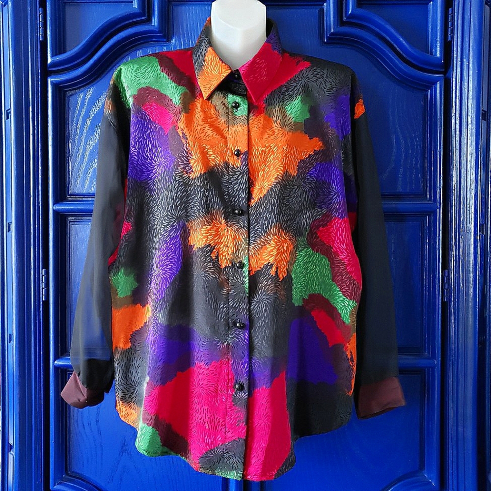 Sheer Sleeve Vibrant Vintage Button Down Blouse